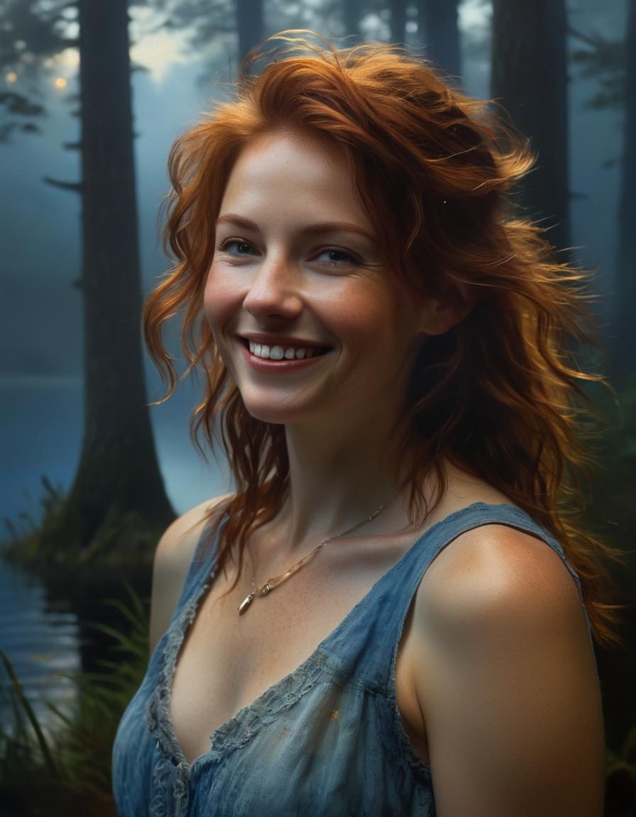 Mystical Auburn Woman in Forest, Chiaroscuro Oil Painting