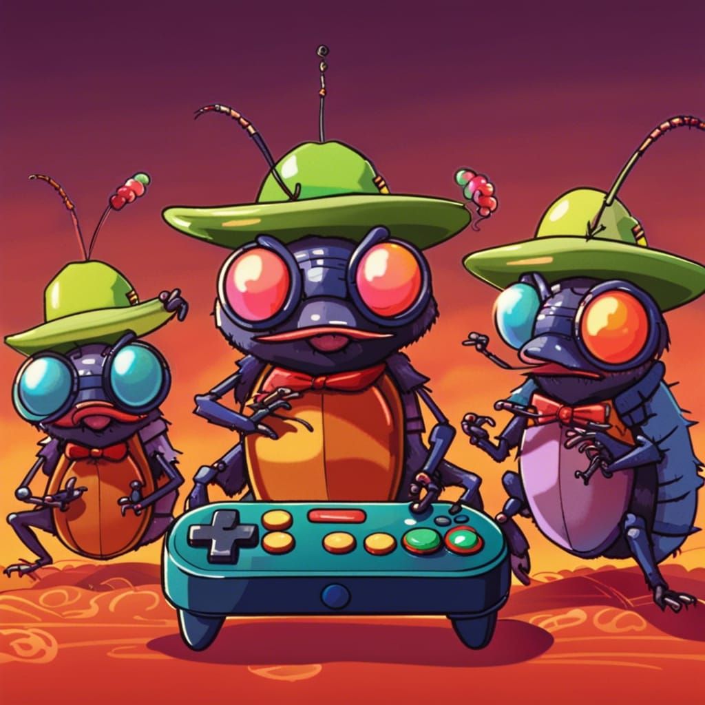 Cockroaches Play Video Games in Pixel Art Style