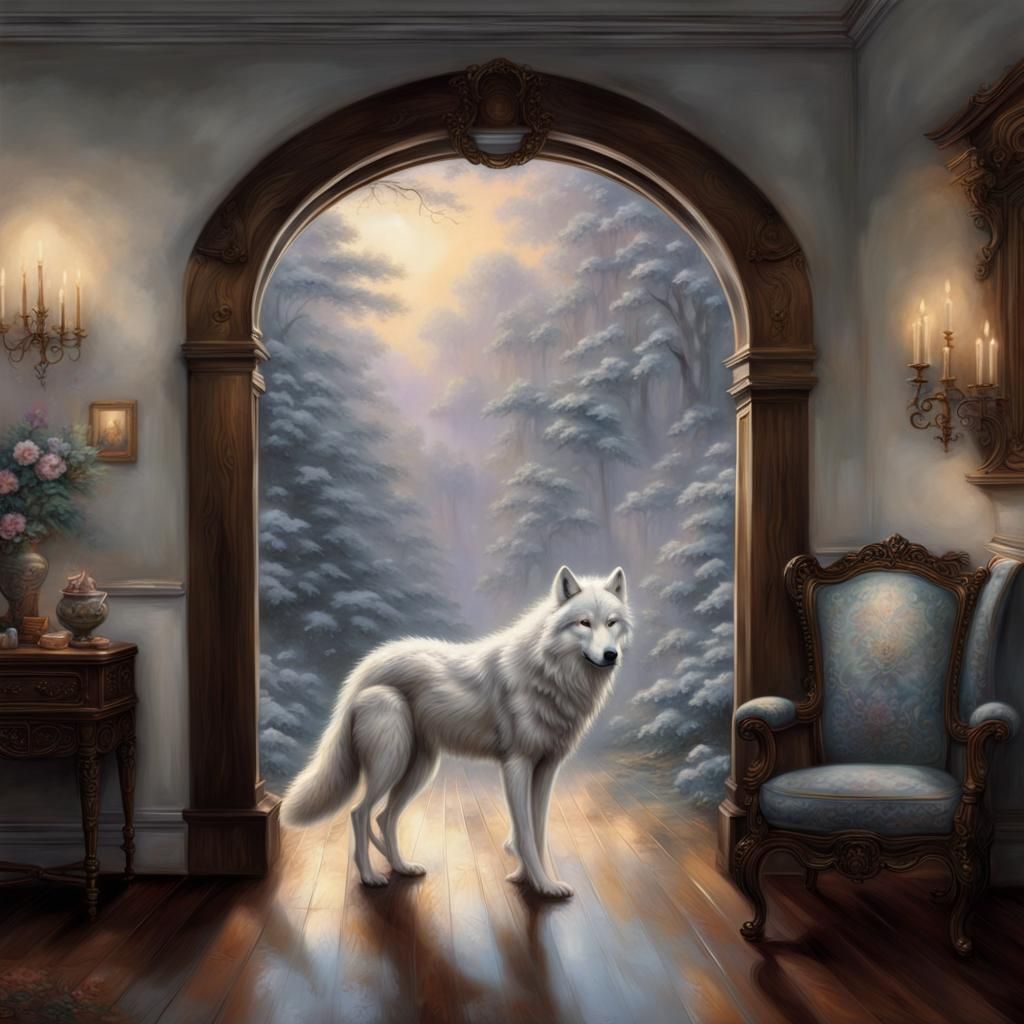 Ethereal White Wolf Enters Cozy Living Room