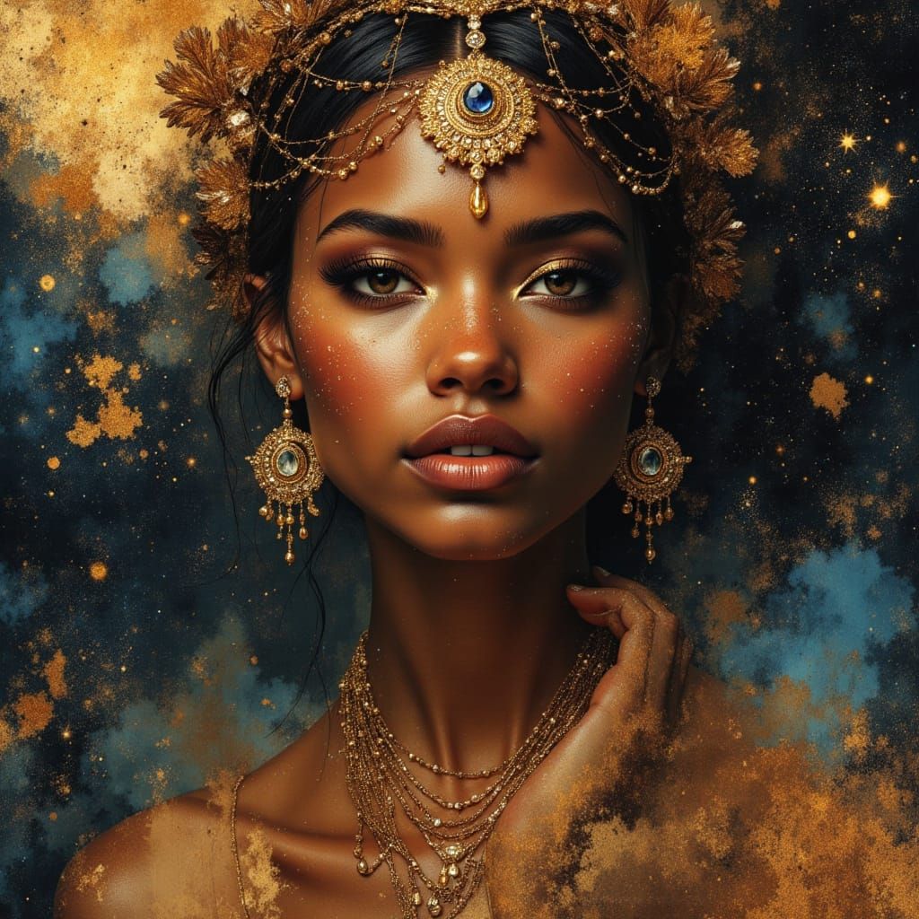 Divine Black Woman in Crystal Crown, Cosmic Background