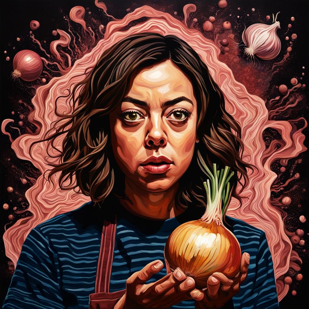 Aubrey Plaza with Onion in Hyperrealistic Splash Art