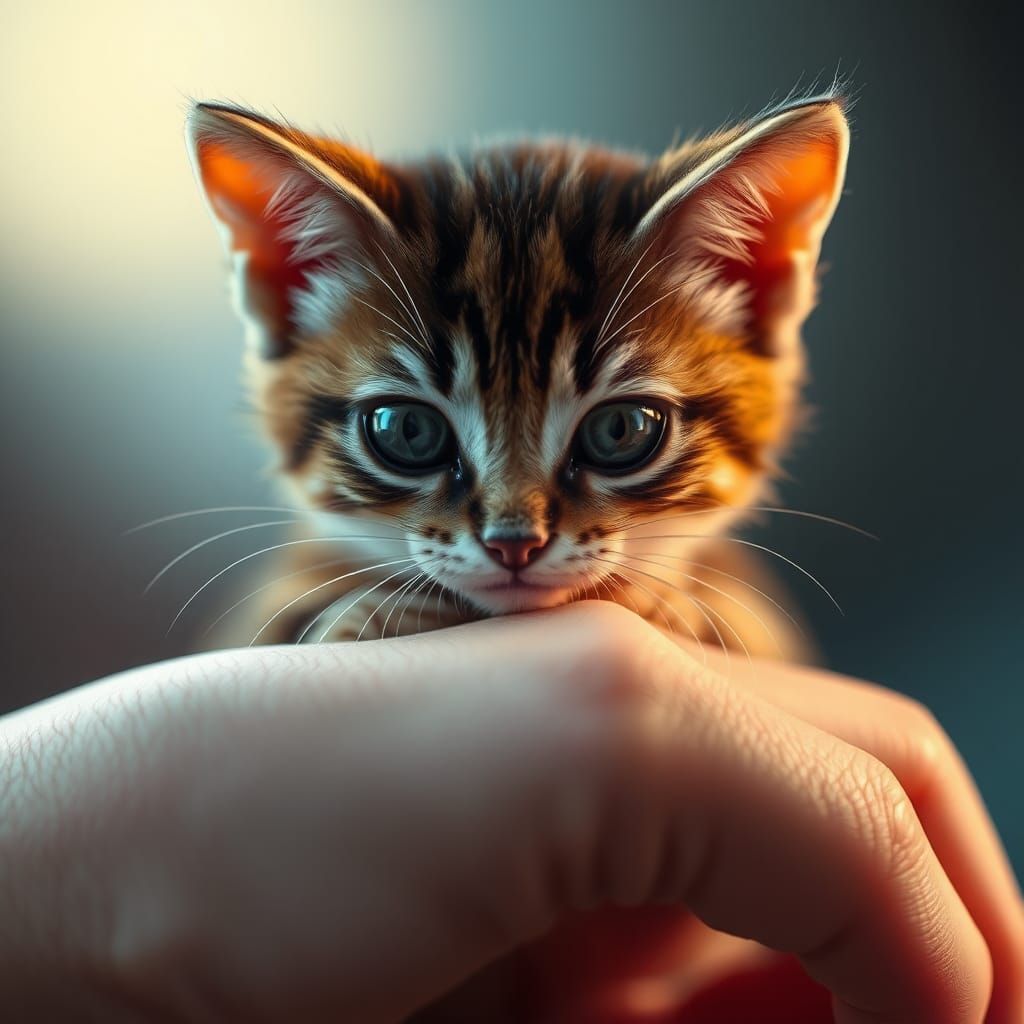 Miniature Cat on Hand: Hyper-Realistic Digital Art
