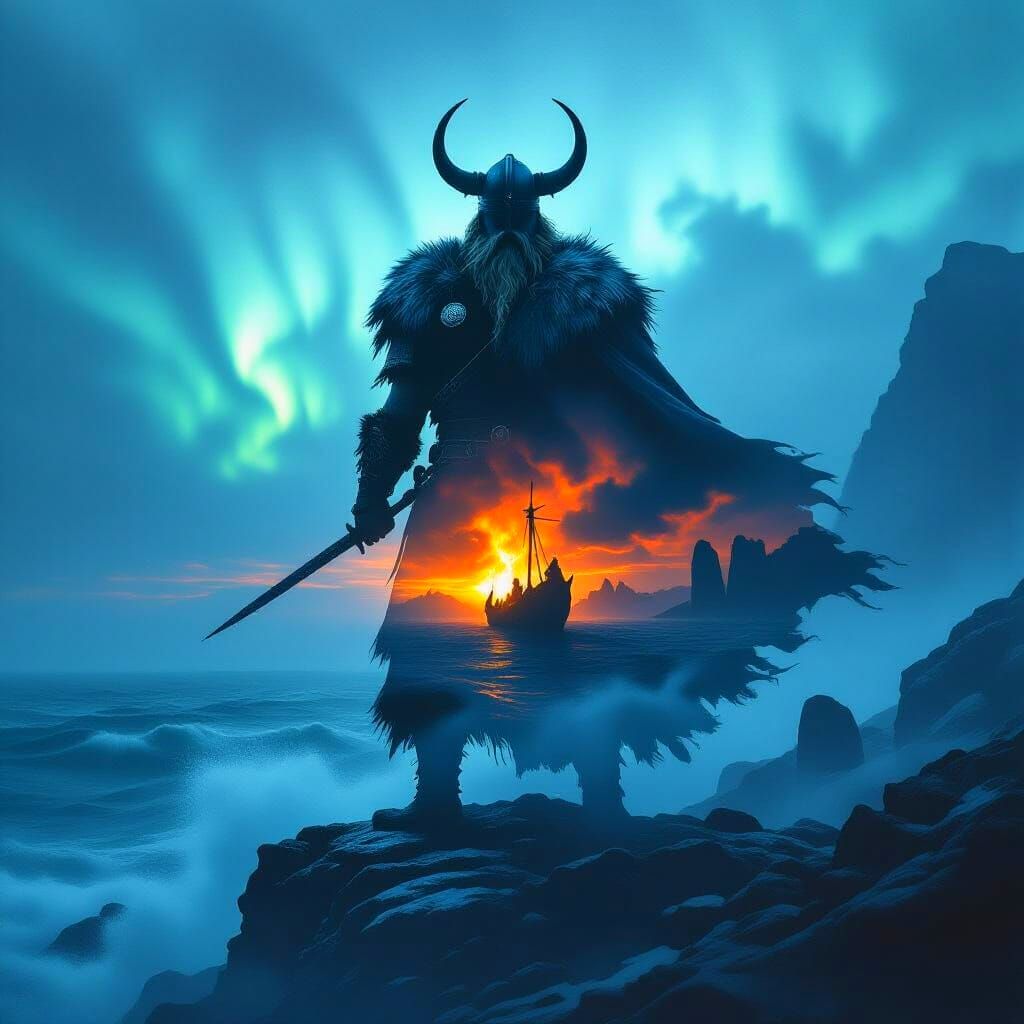 Viking Chieftain Silhouette Double Exposure