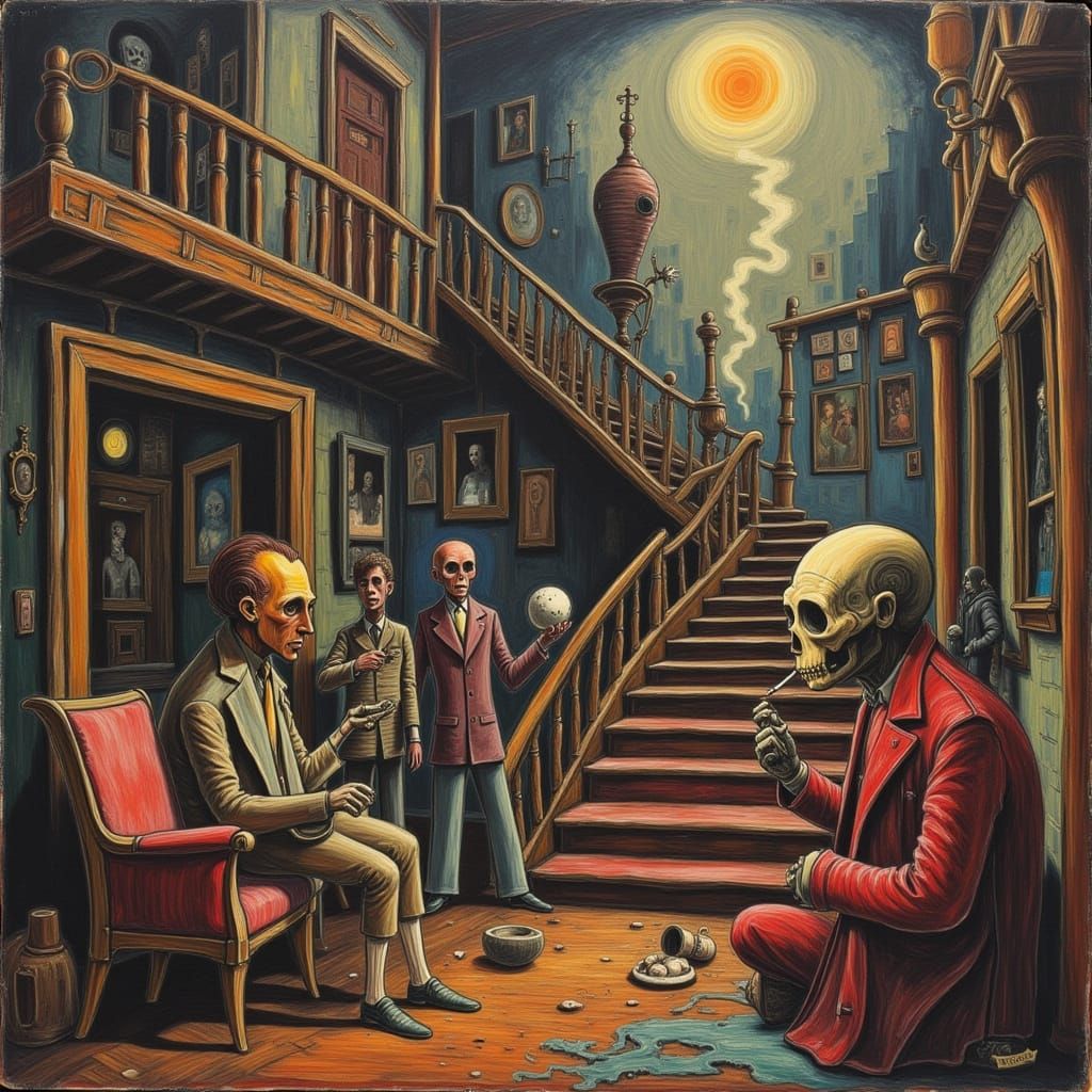 Escher Style Surreal Creatures Party in Unnatural House