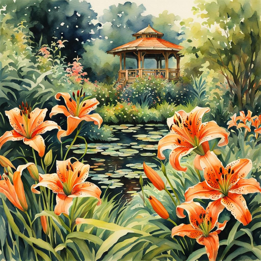 Tiger Lilies in Watercolor Garden, Waterhouse Style