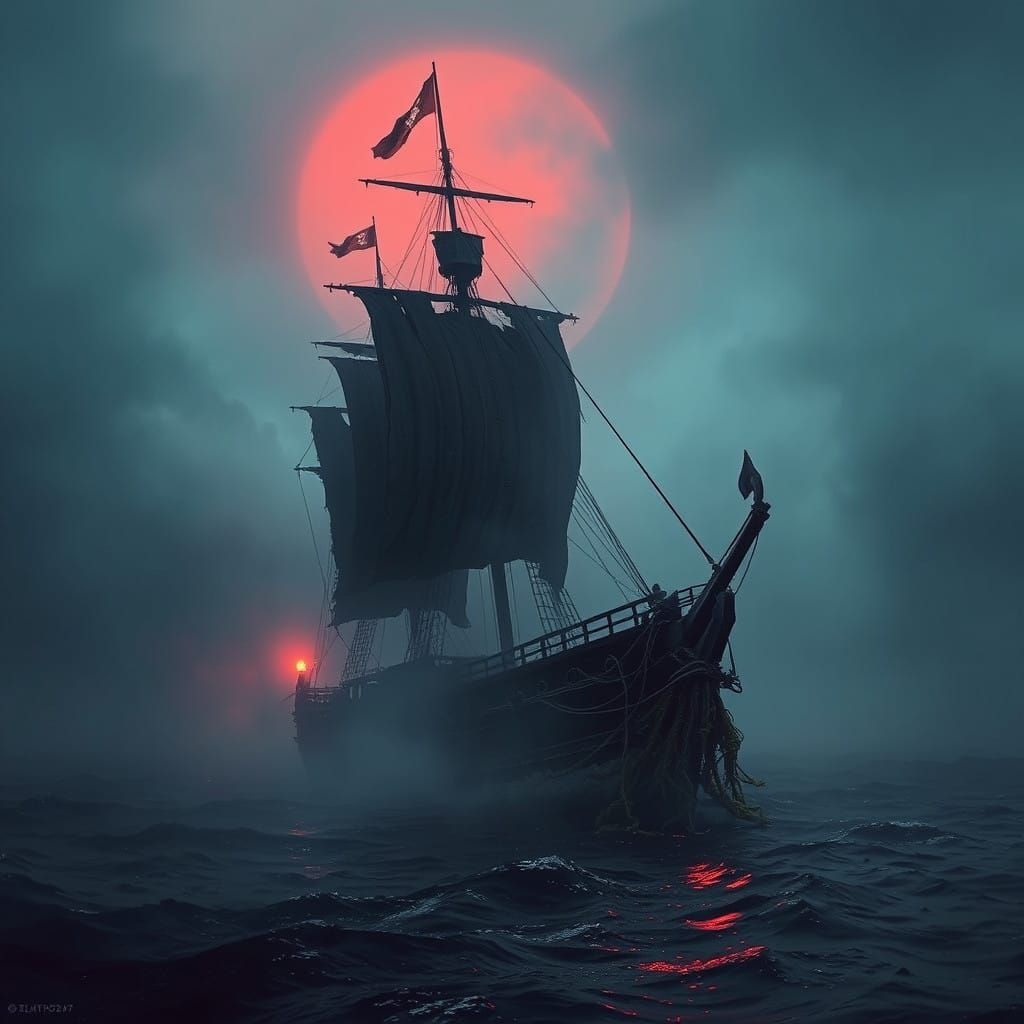 Eerie Pirate Ship Plunges into Haunting Fog