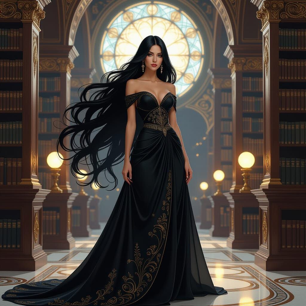 Celestial Woman in Grand Library, Art Nouveau Style