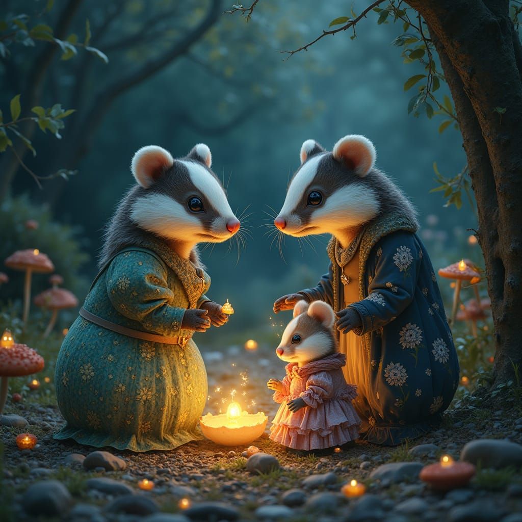 Bioluminescent Badger Family Picnic in Glowing Grove