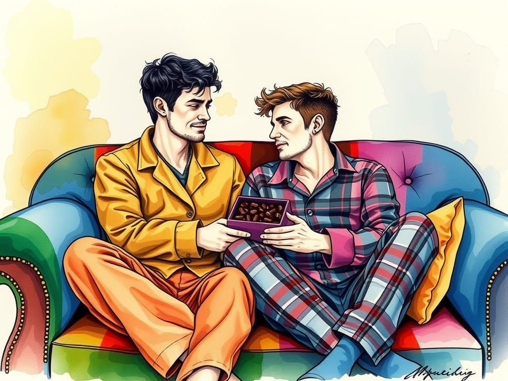 Gay Men Snuggled in Rainbow Coloured Loveseat