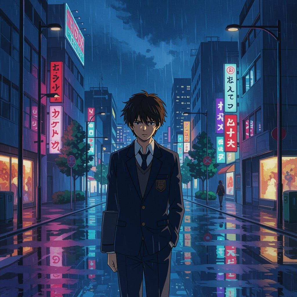 Rainy Cityscape Portrait in Anime Style