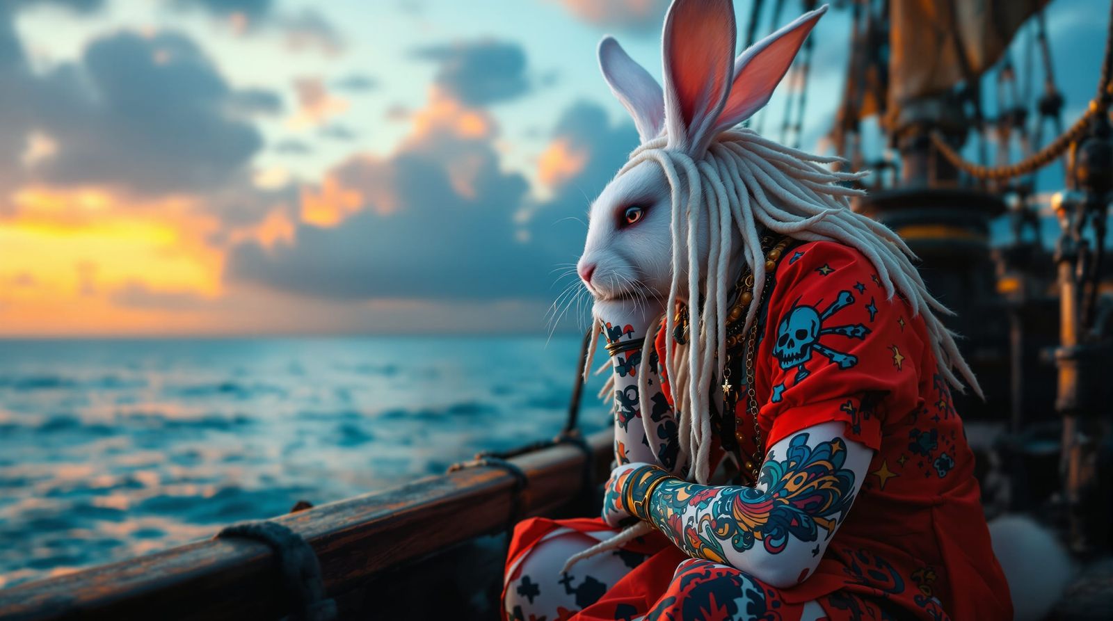 Albino Dread Pirate Rabbit in Red Dress on Ship