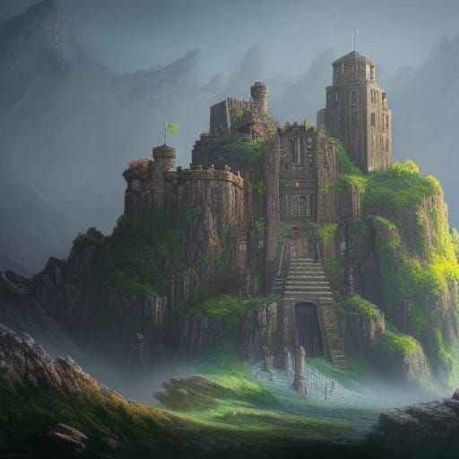 European Castle Ruin with Aztec Engravings