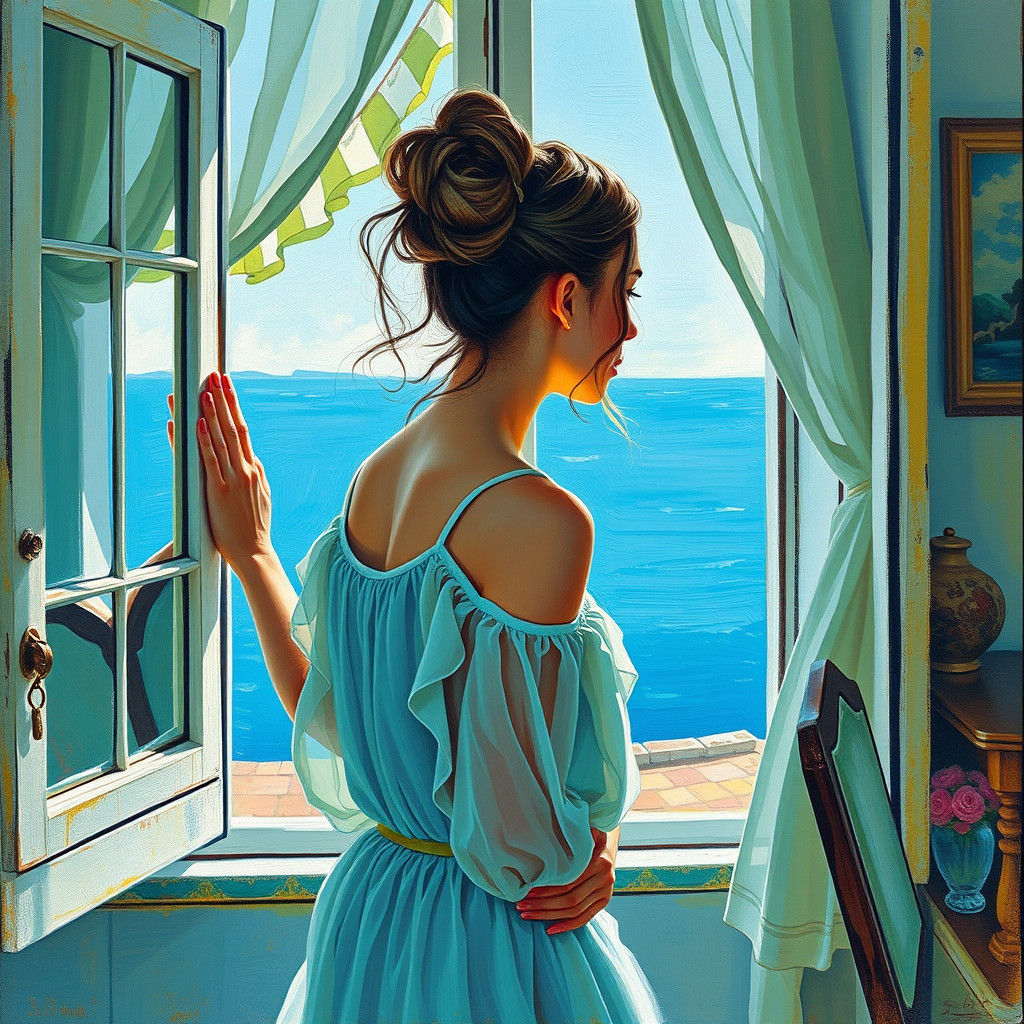 Woman Gazing at Sea in Neo-Impressionist Style