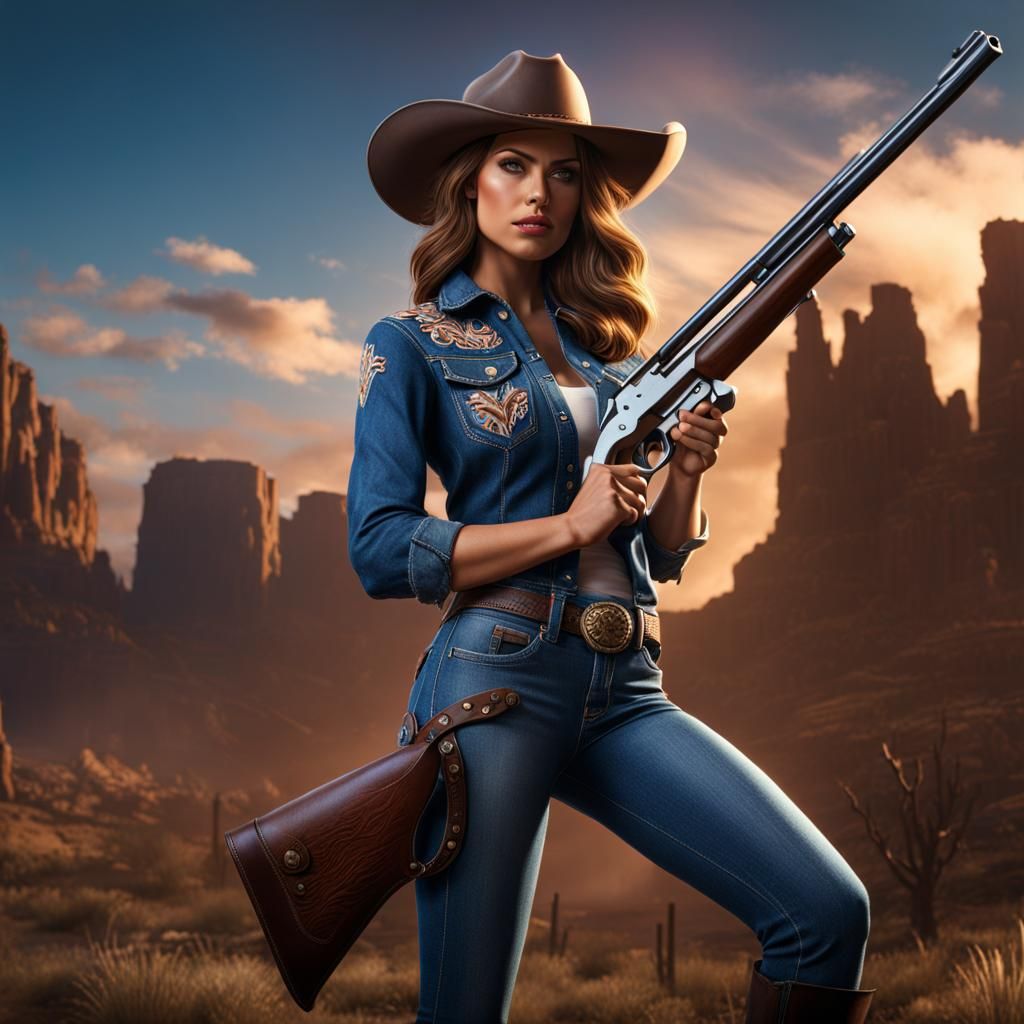 Cowgirl in Denim with Shotgun: Detailed Matte Painting