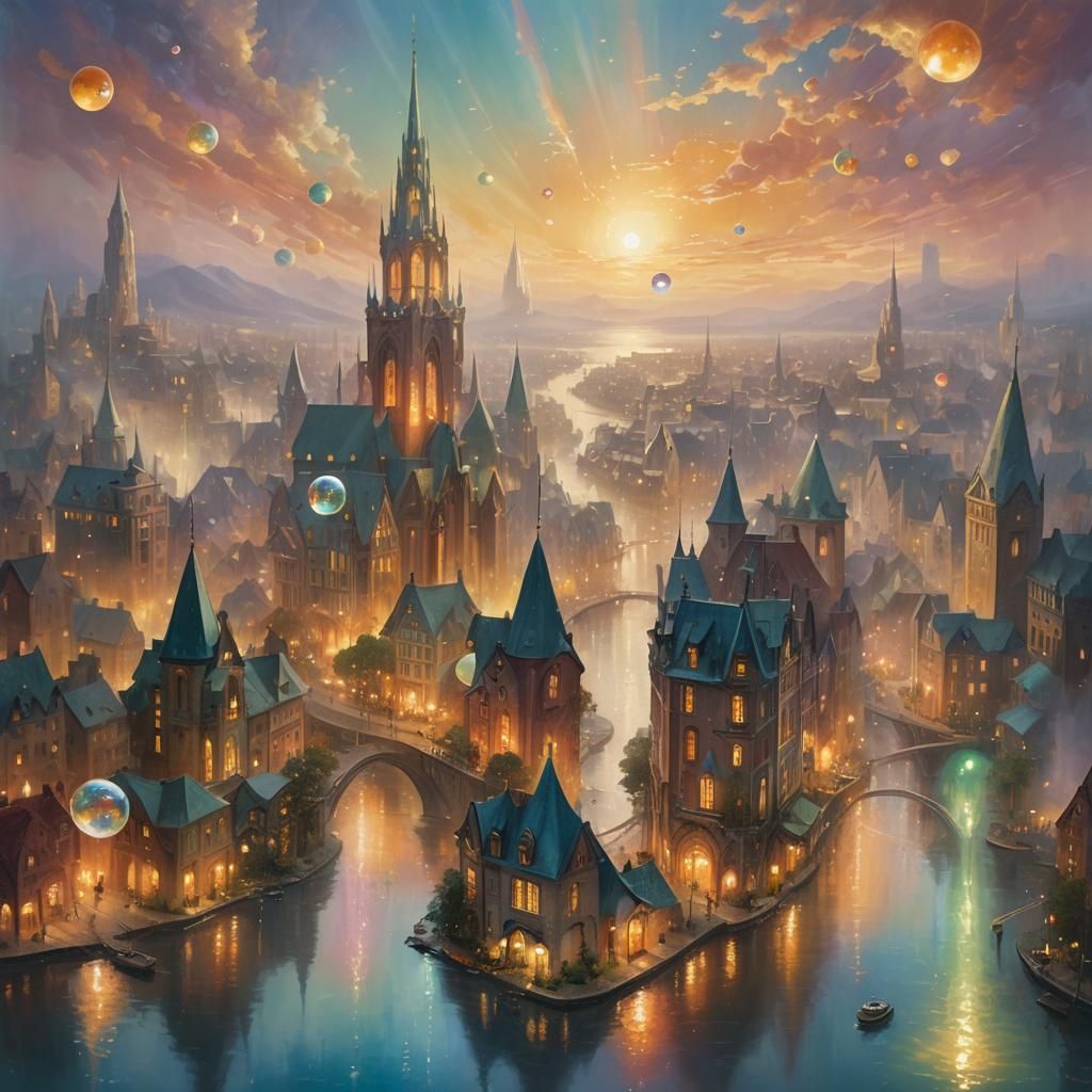 Ethereal Glass City in Twilight, Oil Painting Style
