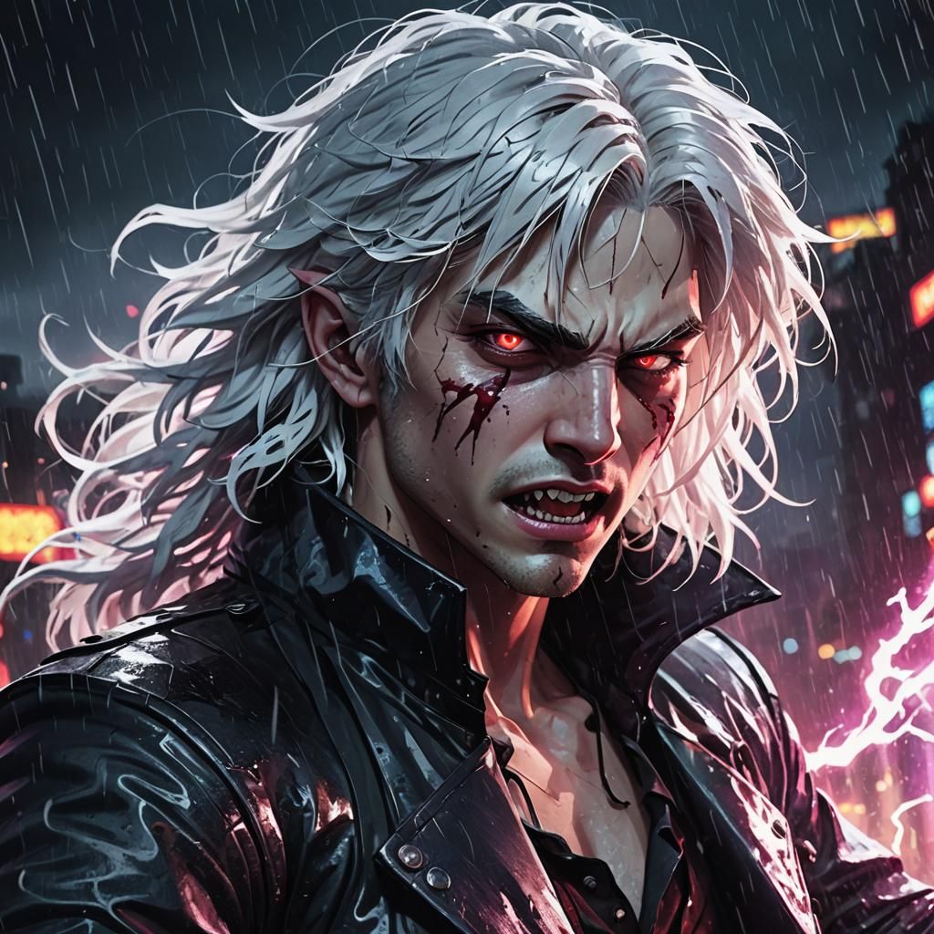 White-Haired Vampire Battle in a Gothic Cityscape