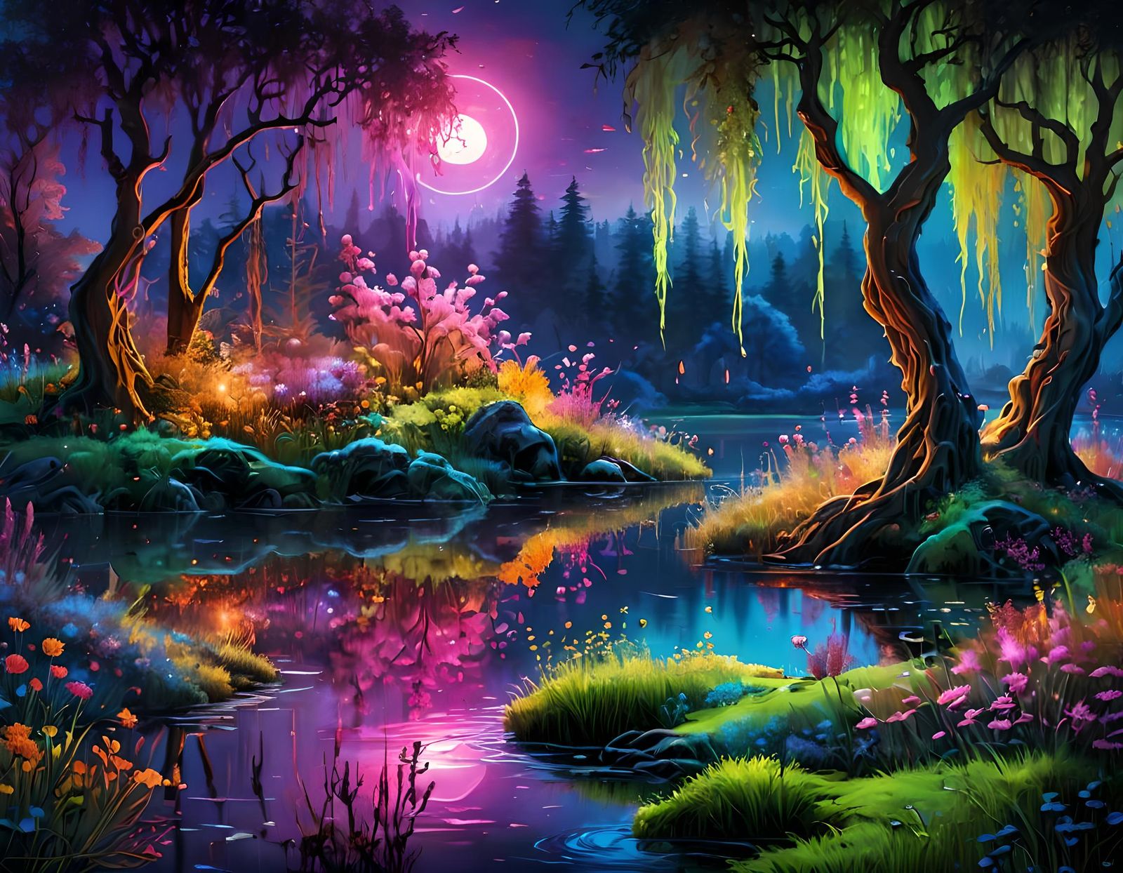 Fantastical Neon Landscapes Under Moonlight
