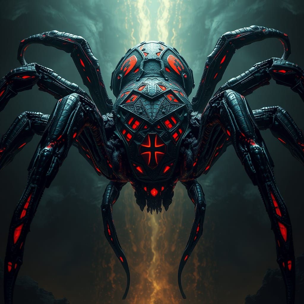 Menacing Spider in Dark Fantasy Biomechanical Style