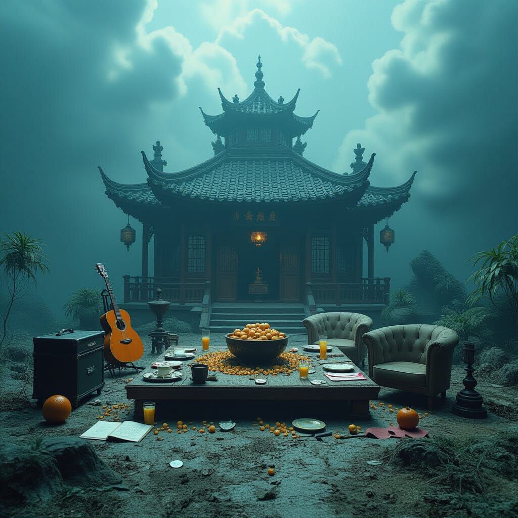 Surreal Cinematic Film Still of Chaotic Objects