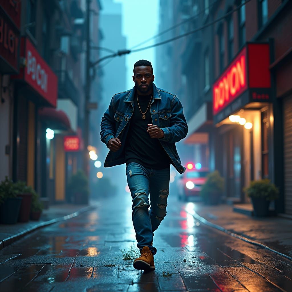 Man Running in Dystopian Cityscape