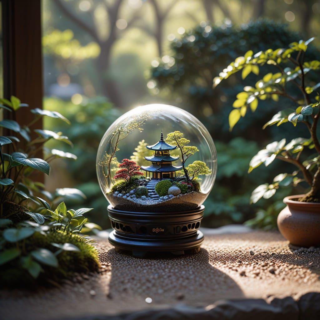 Miniature Japanese Garden in Glass Orb, Professional Photogr...