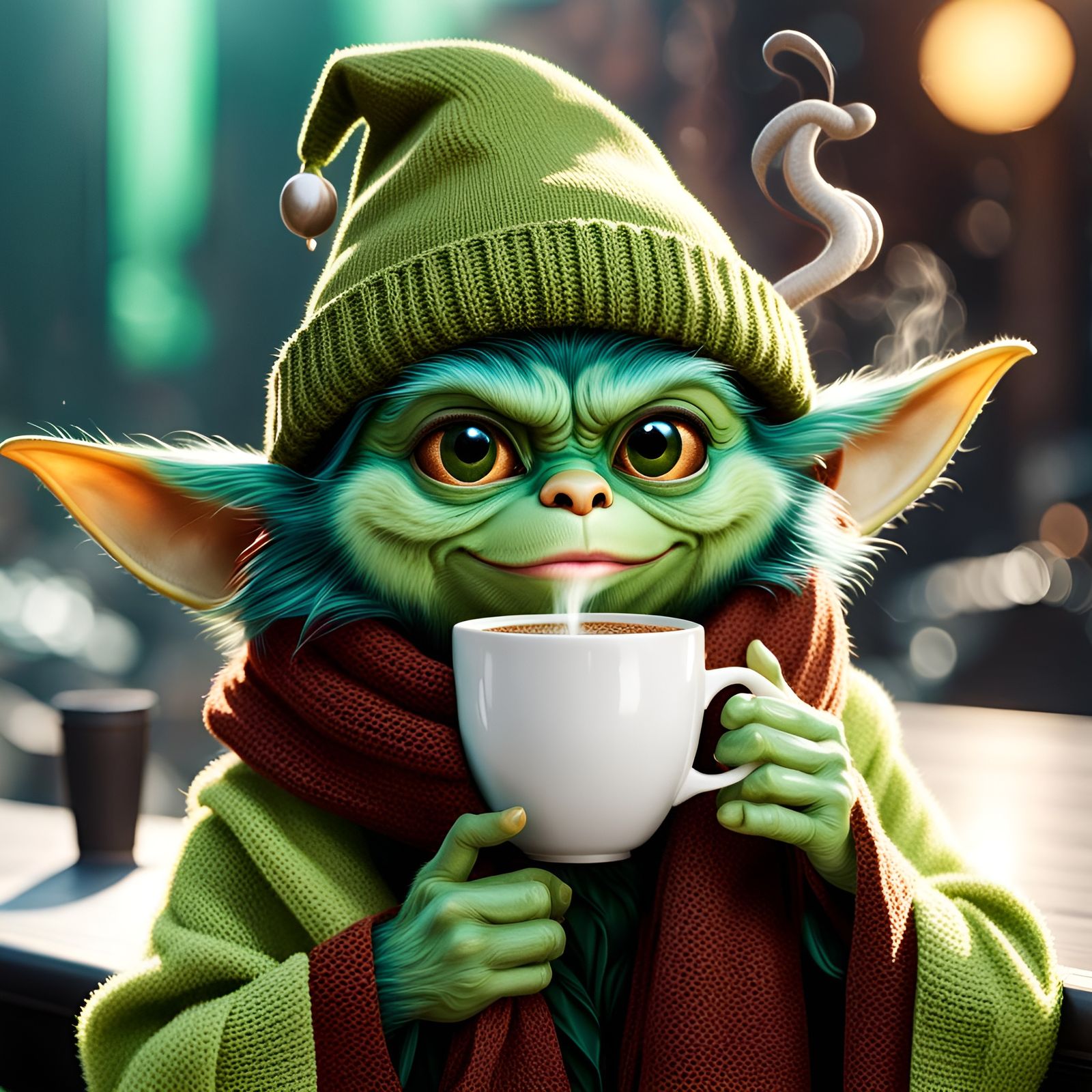 Cosmic Gremlin Snuggles Up with Coffee
