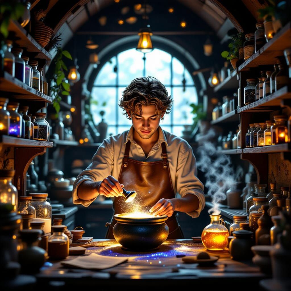 Bustling Magical Apothecary Shop with Wizard