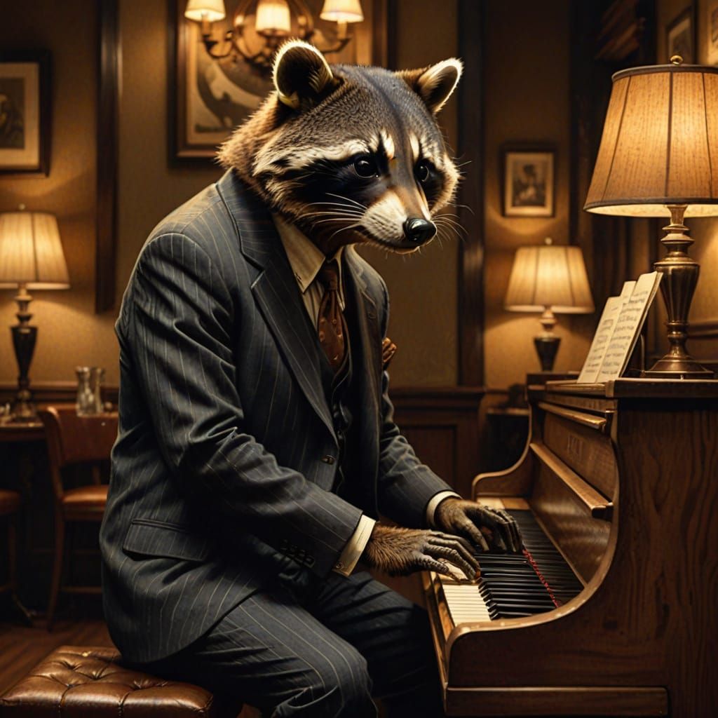 Raccoon Pianist in Smoky Jazz Club, Rockwell Style