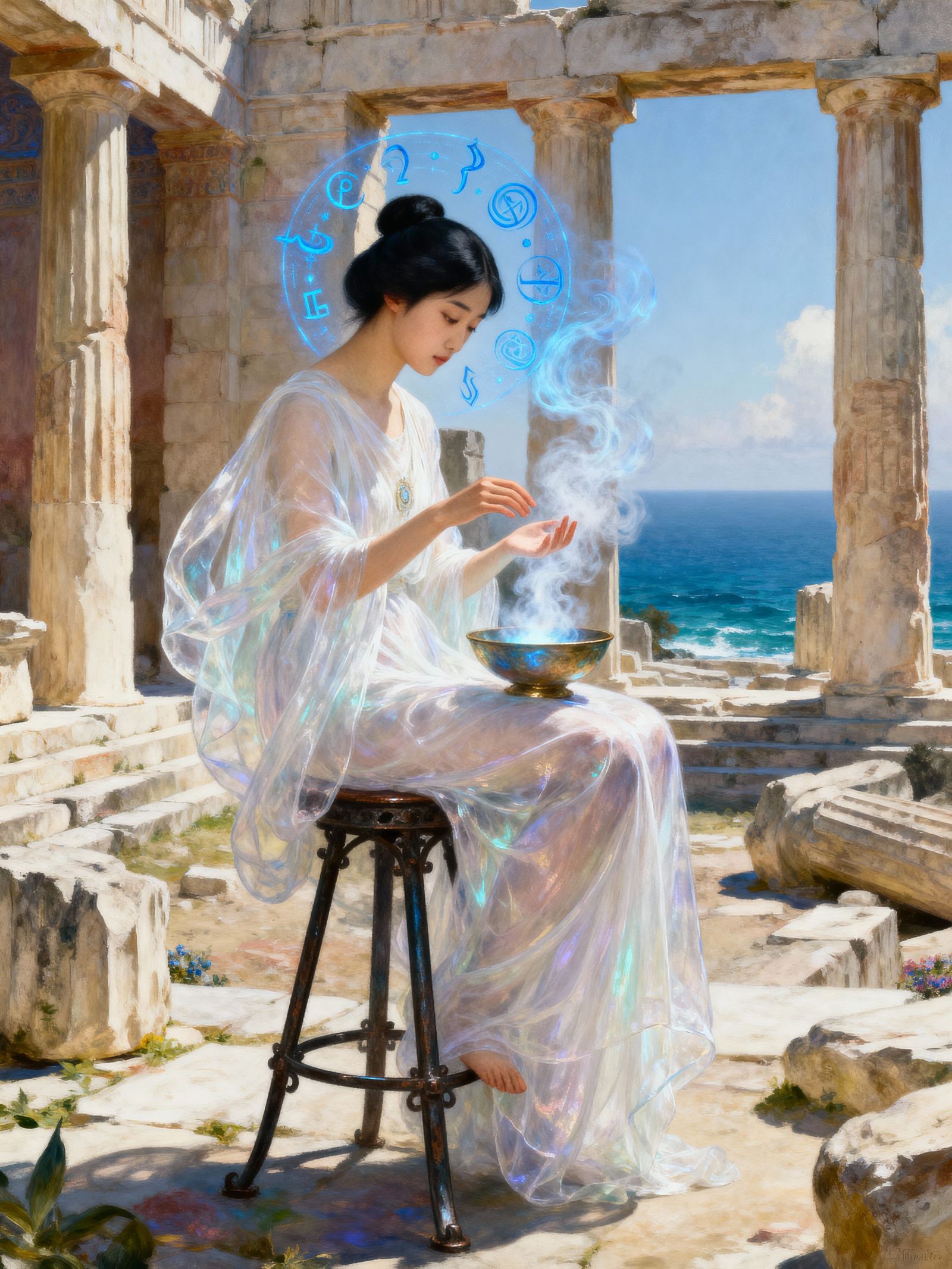 Korean Woman in Greek Temple, Pre-Raphaelite Style