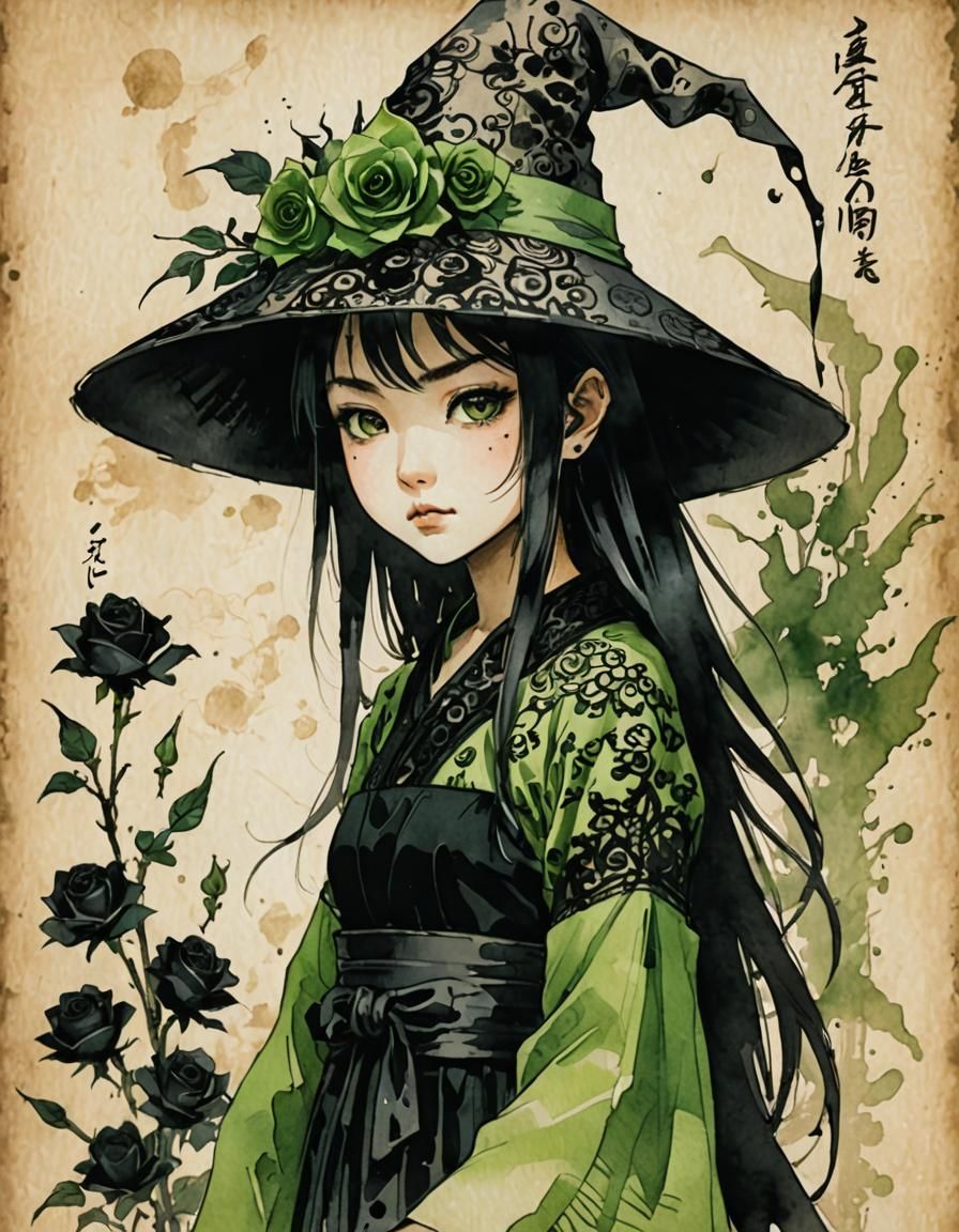 Young Japanese Witch Girl in Ancient Art Style