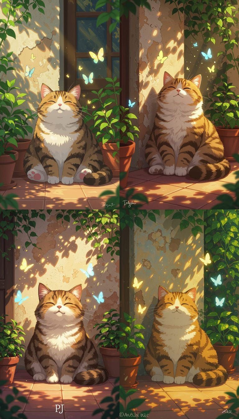 Anime Cat Basking in Sunlight with Butterflies