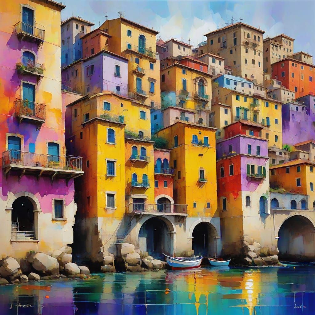 Surreal Amalfi Coast Village in Vibrant Sunset Colors