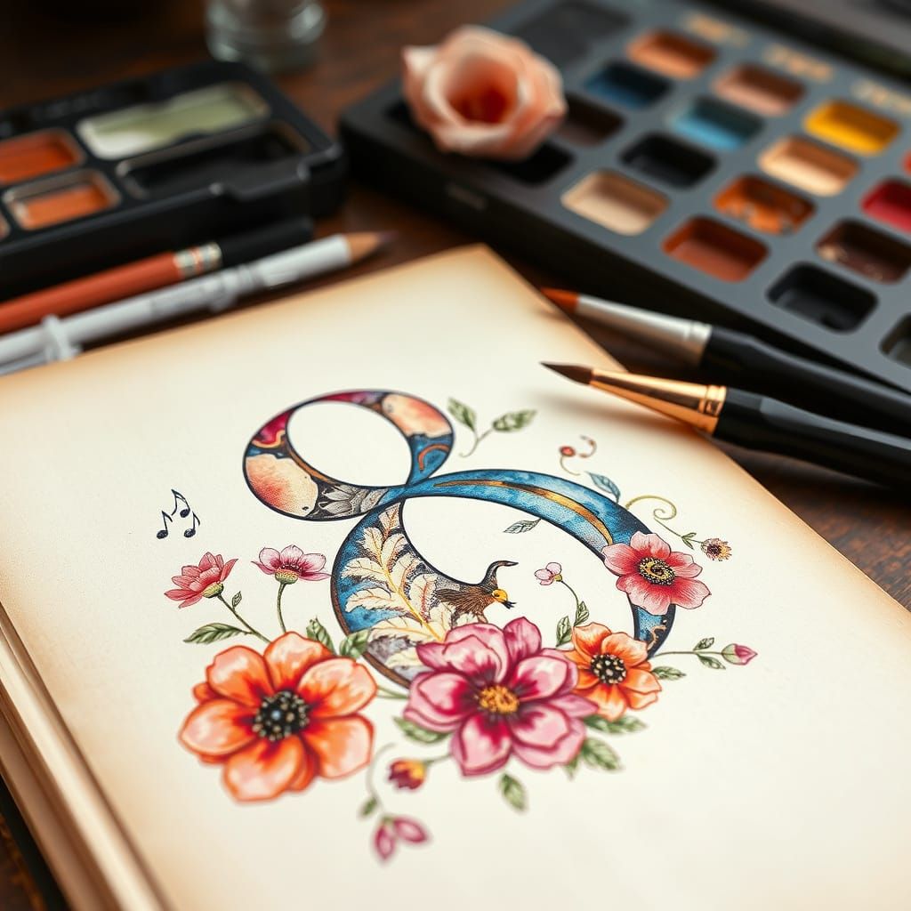 Beautiful Floral Calligraphy Number 8 in Leather Sketchbook