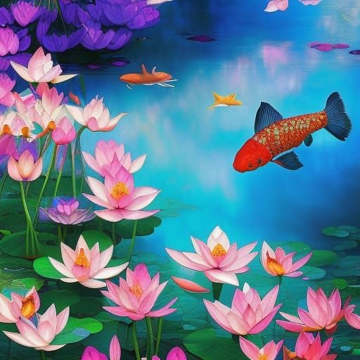 Stained Glass Lotus Flowers and Koi Fish