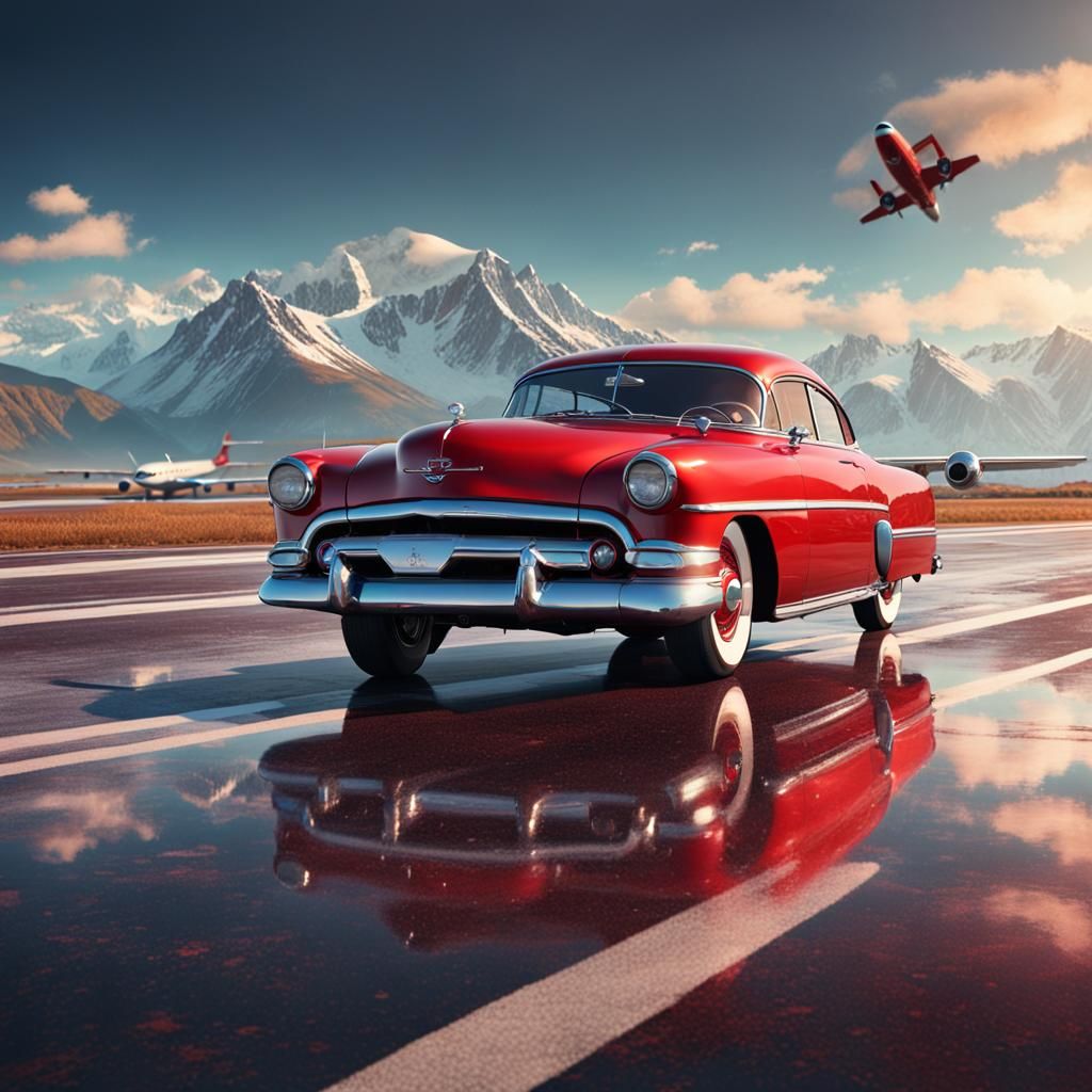 Classic Red Car on Runway: Detailed Matte Painting
