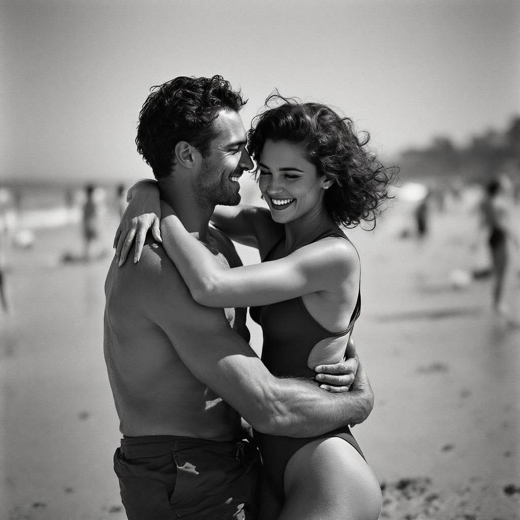 Joyful Couple Embracing on Vintage Beach