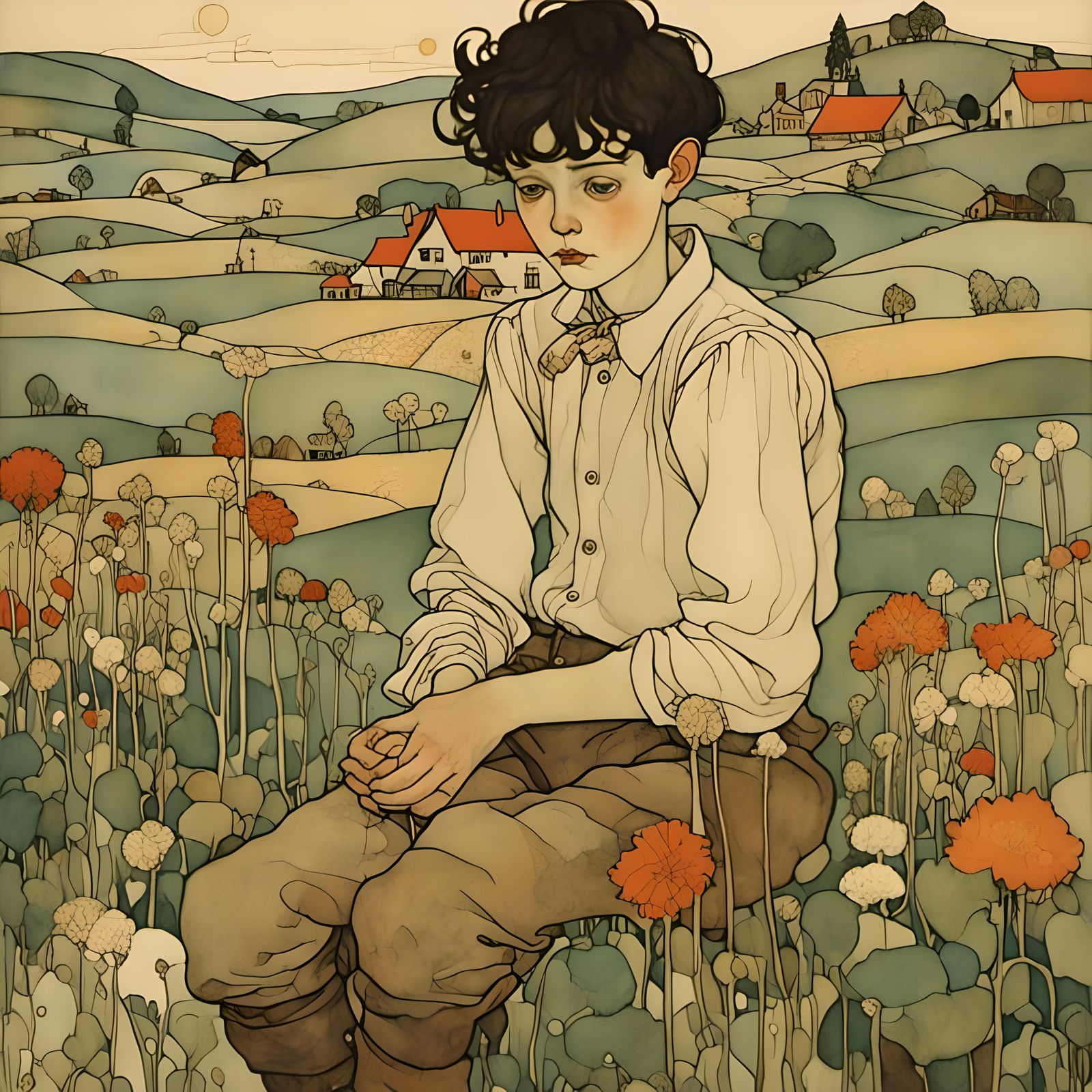 Farm Boy in Enchanted World, Expressionist Illustration