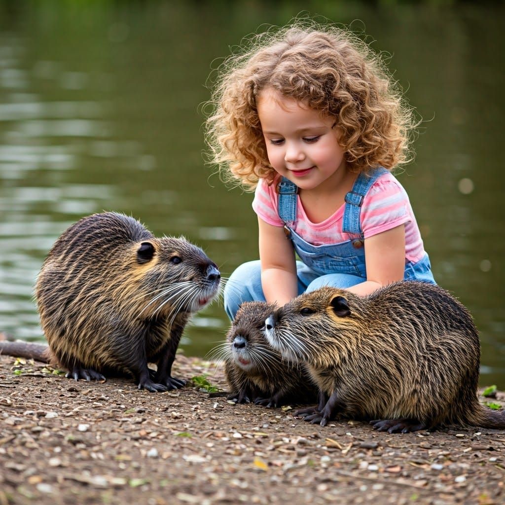Girl with Nutrias by Lakeside