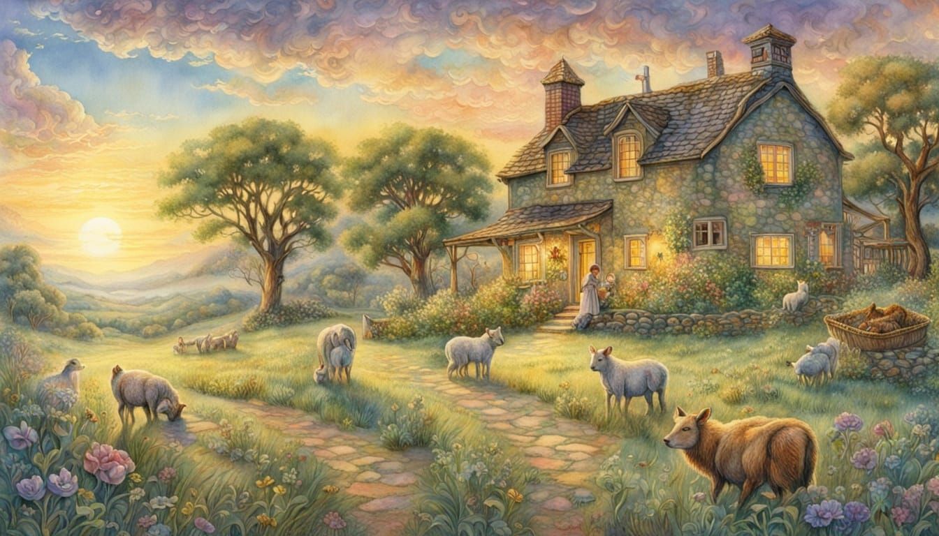 Charming Farmhouse Surrounded by Animals in Soft Watercolor