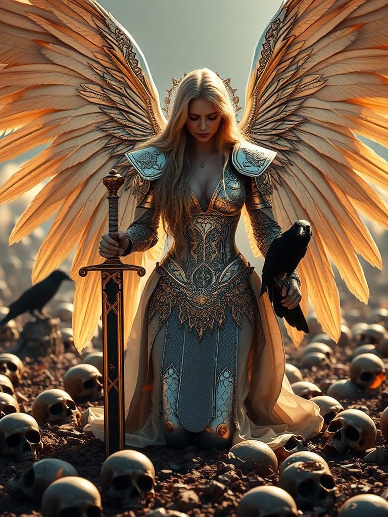 Grief-Stricken Archangel on Battlefield in Dark Fantasy Styl...