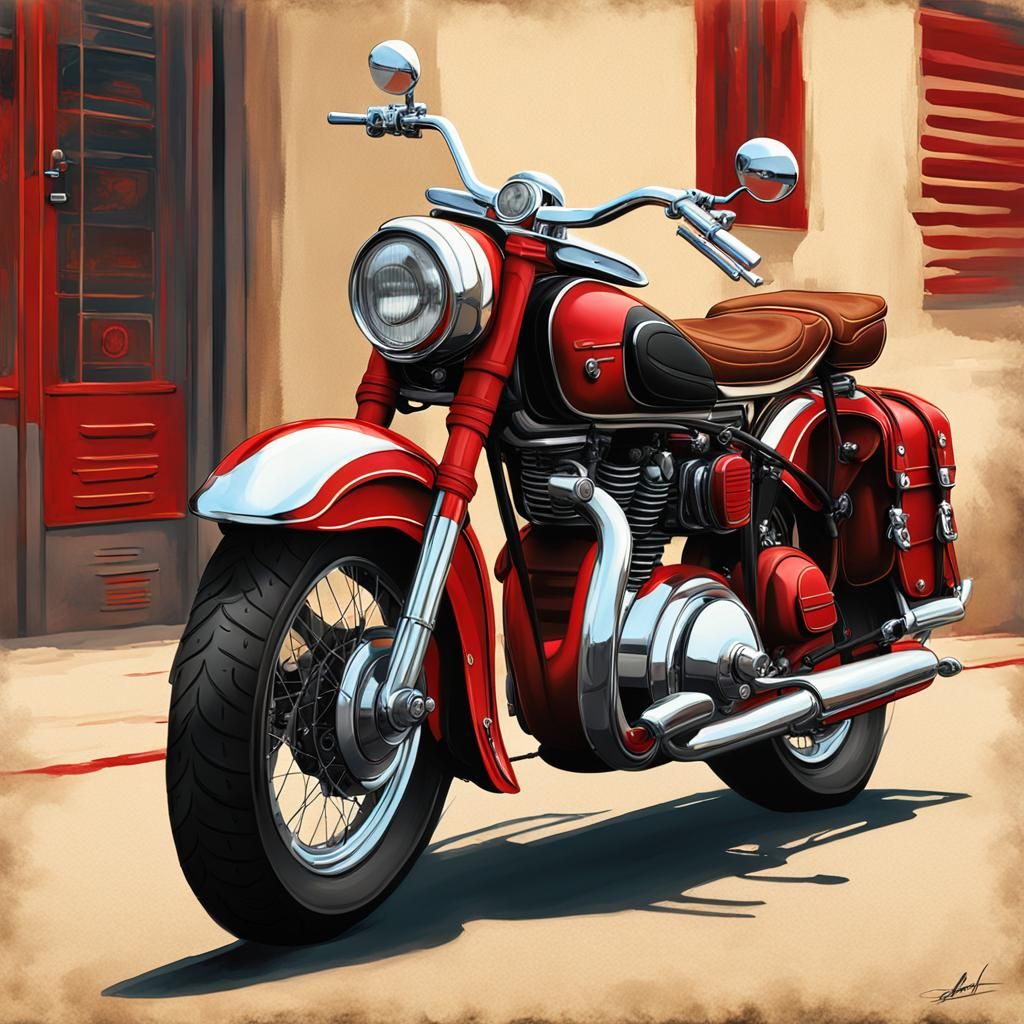 Retro Motorcycle in Cream and Chrome: Digital Art