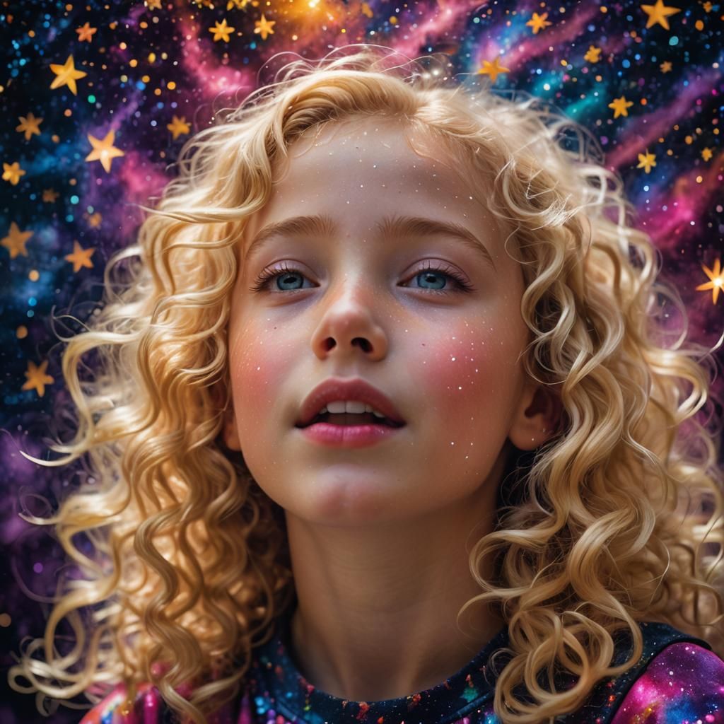 Child Surrounded by Stars in Cosmic Surrealism