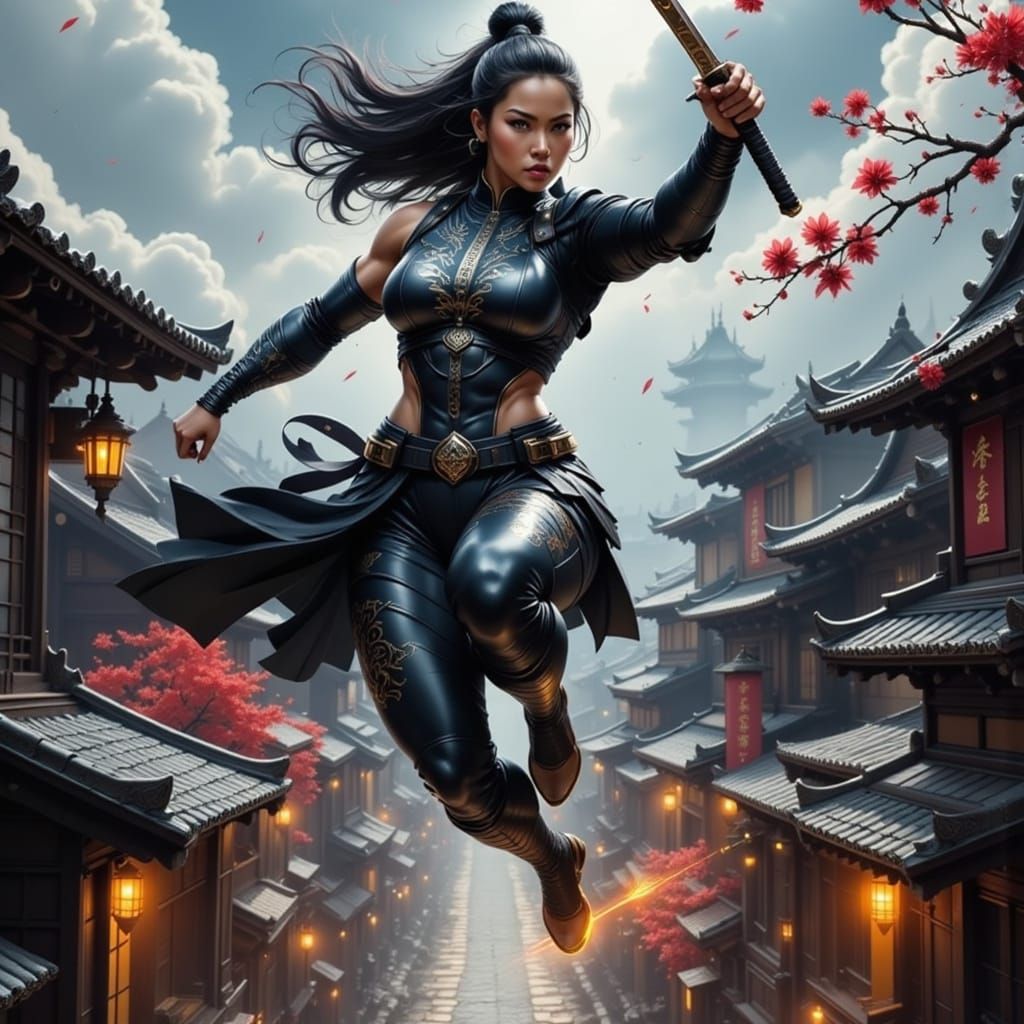 Legendary Ninja Warrior Leaping Above Village in Cinematic R...