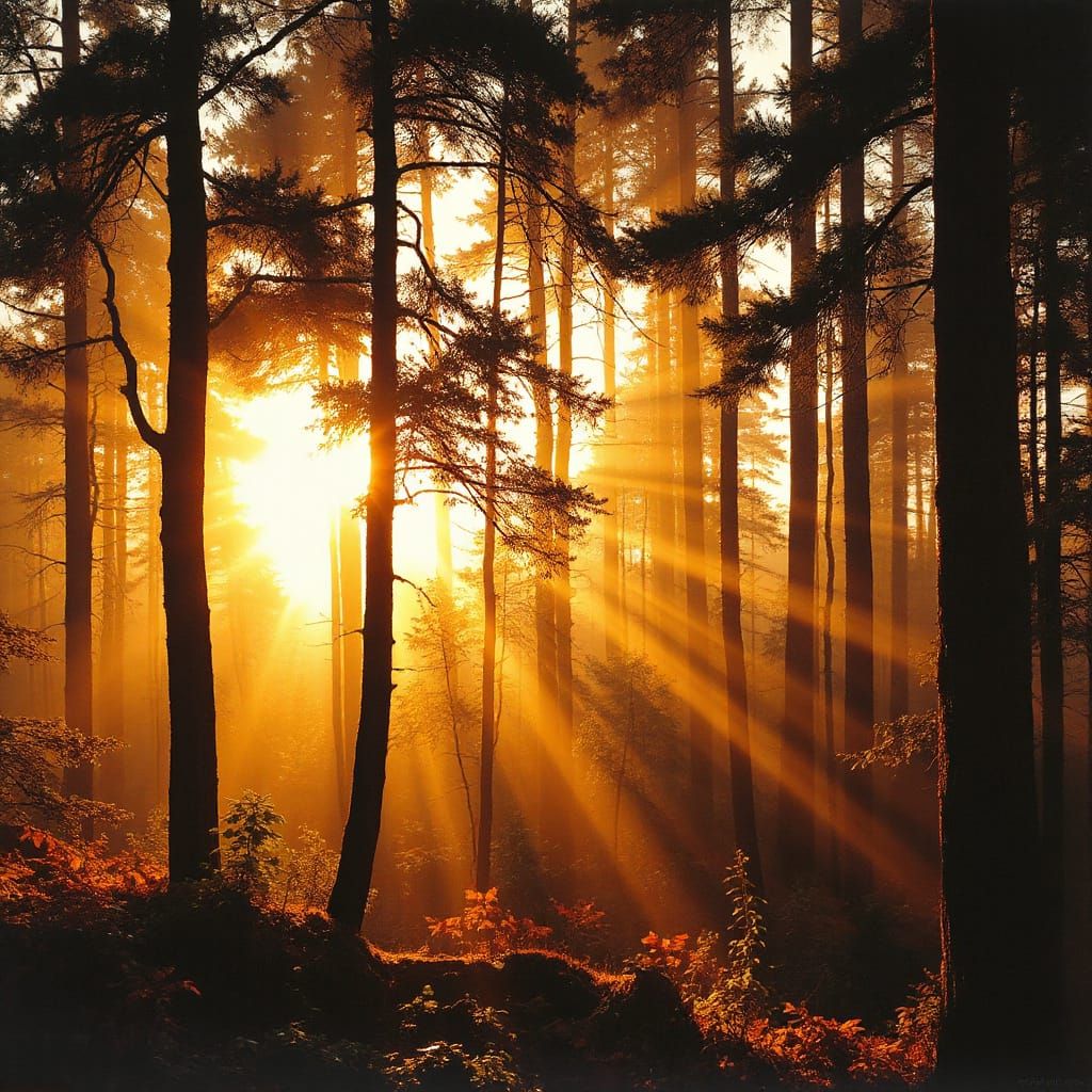 Golden Hour Forest Mist in Luminous Painterly Style