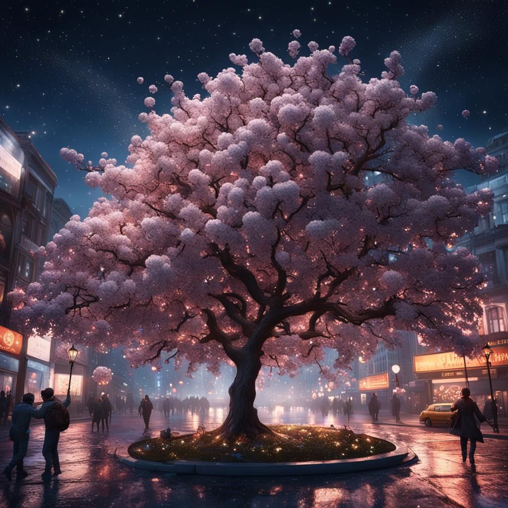 Epic Cherry Tree in Night City: Photorealistic CGI Art