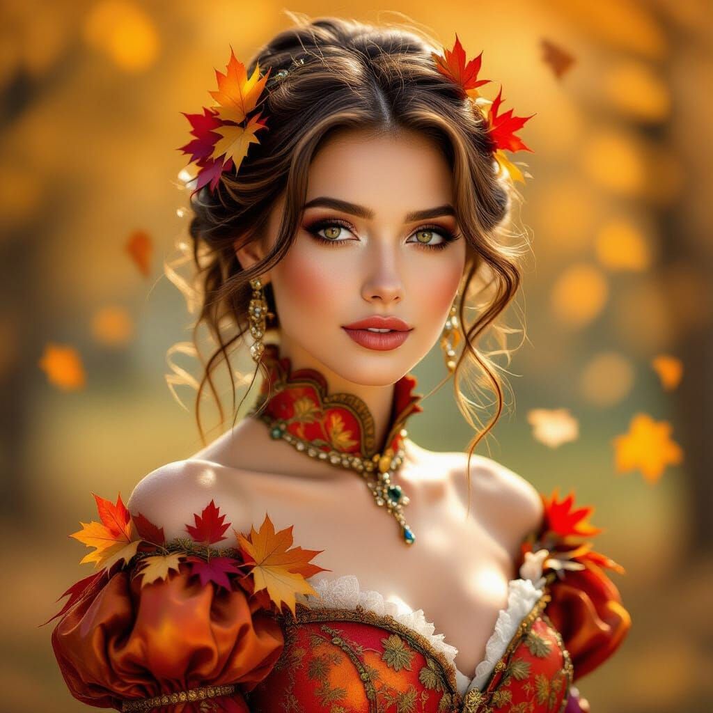 Beautiful Woman in Autumnal Steampunk Dress