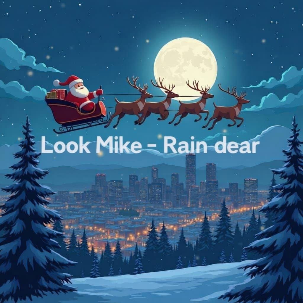 Santa Flies Over Portland Christmas Card in Anime Style