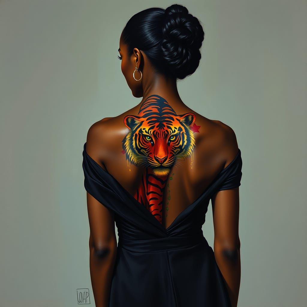 Sultry Tiger Tattooed Goddess in Vibrant Colors