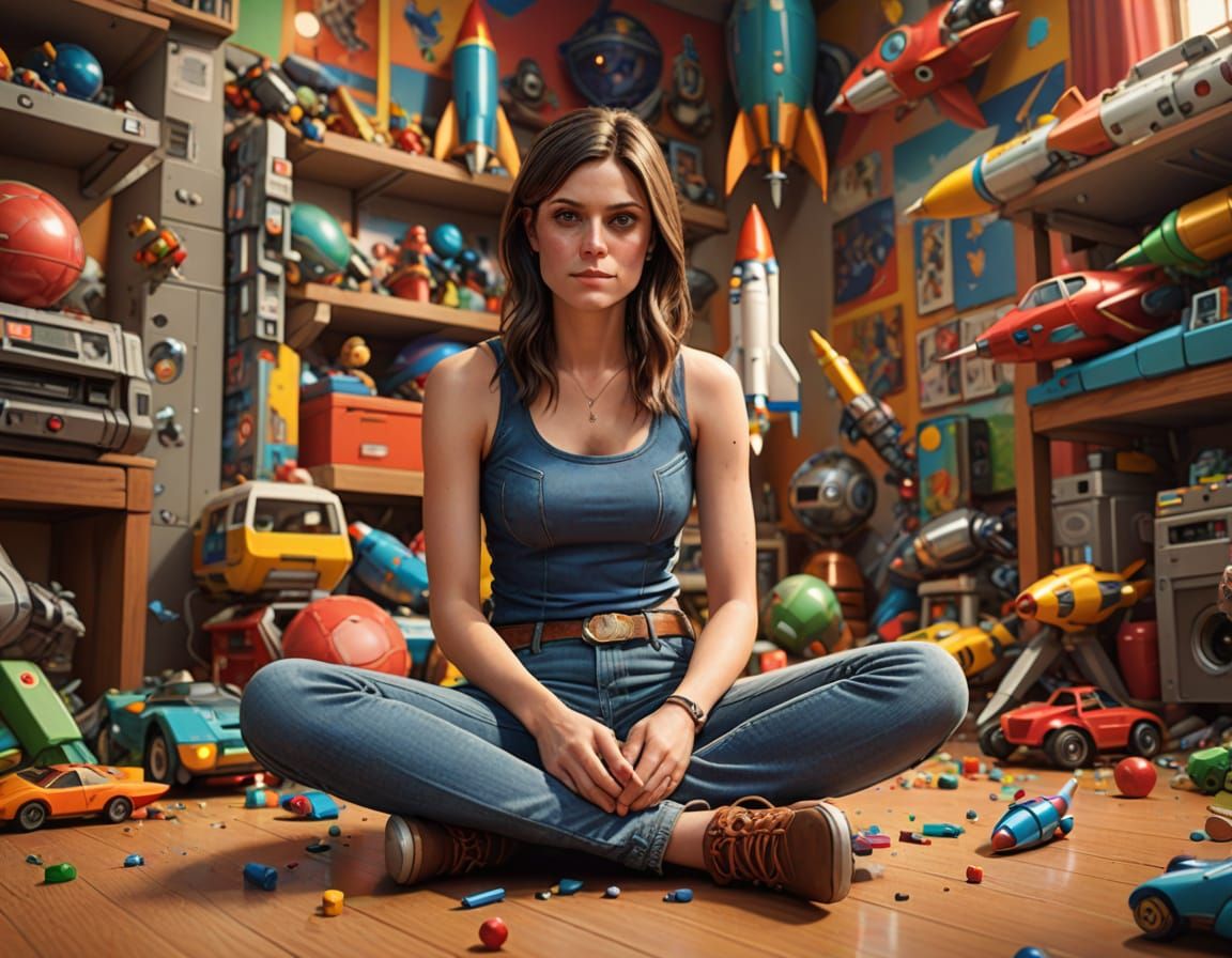 Hyperrealistic Morgan Webb Surrounded by Toys