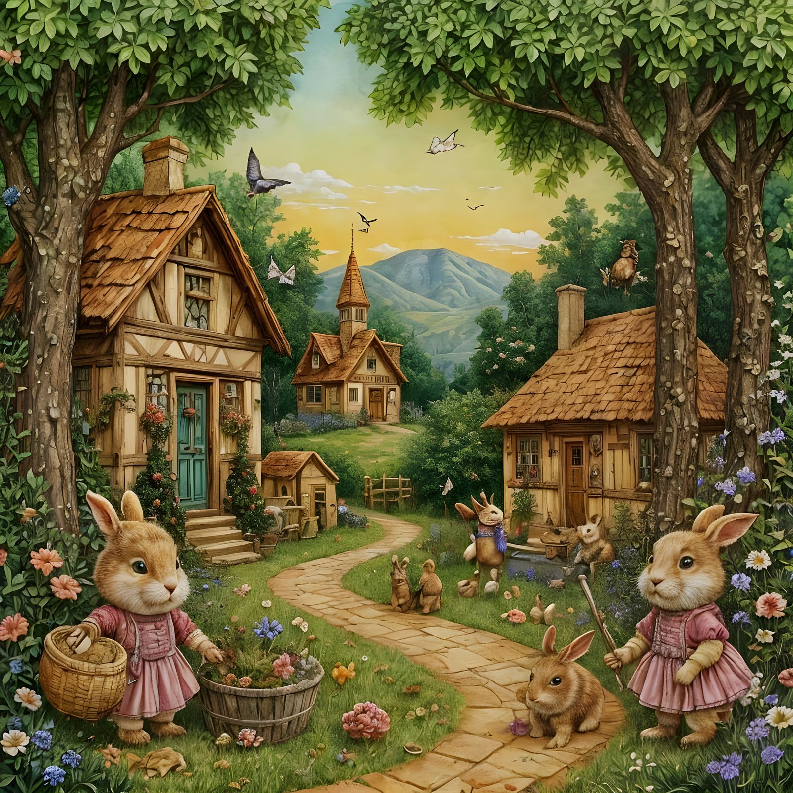 Whimsical Rabbit Village in Detailed Forest Illustration